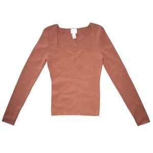 HM‎ Terracotta Ribbed Sweetheart Neck Long Sleeve Knit Top L 12152629